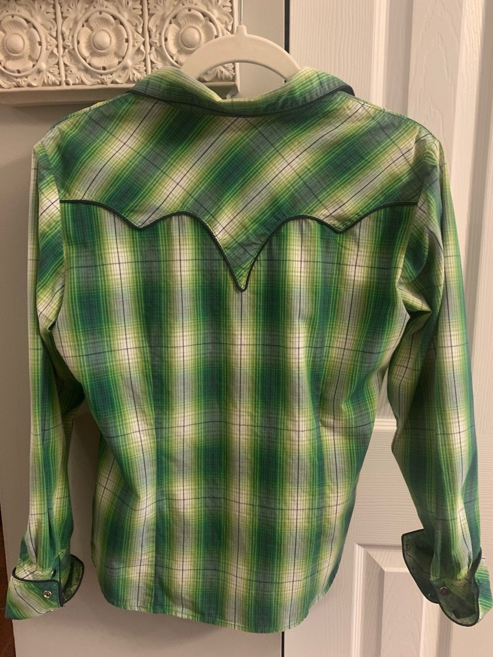 Roper women's plaid pearl snap long sleeve plaid green shirt - size small - Picture 3 of 7